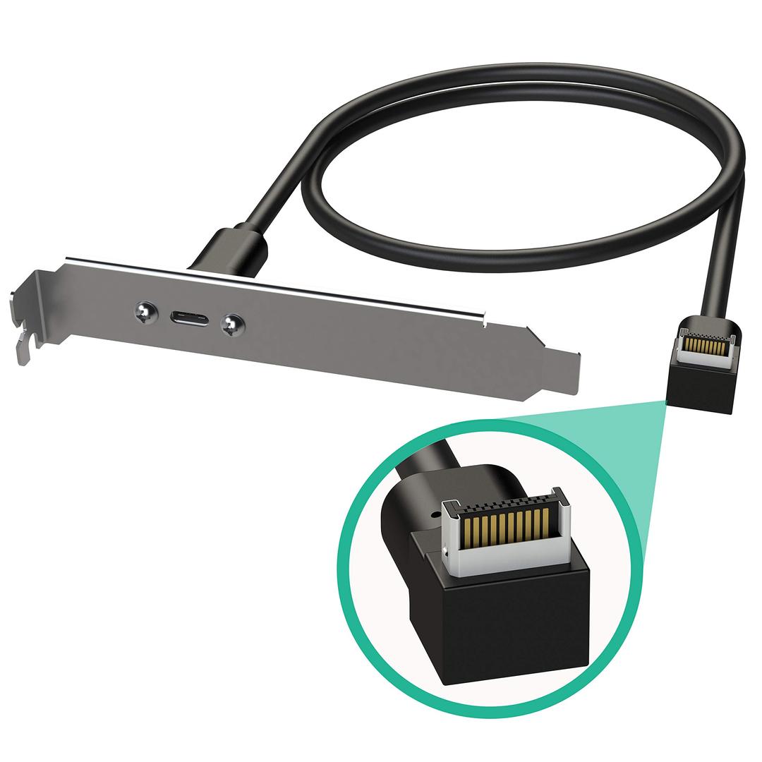 LINKUP - USB-C Type Panel Cable Mount Motherboard Header Extension Adapter | Internal 3.1 10G Gen 2 20-Pin A-Key Male With Cover to USBC Female Connector with PCI Bracket Right Angle Connector - 100CM