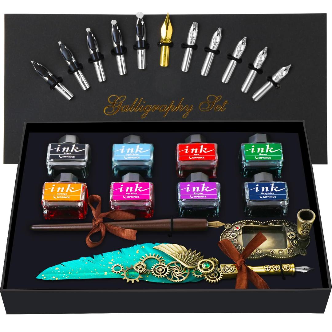 MPRINCE Quill Pen and Ink Set,Calligraphy Pen Set,Include Quill Pen,Wood Dip Pen,8 Bottles Of Ink,13 Stainless Steel Nibs Of Different Sizes,Pen Holder,Envelope Paper