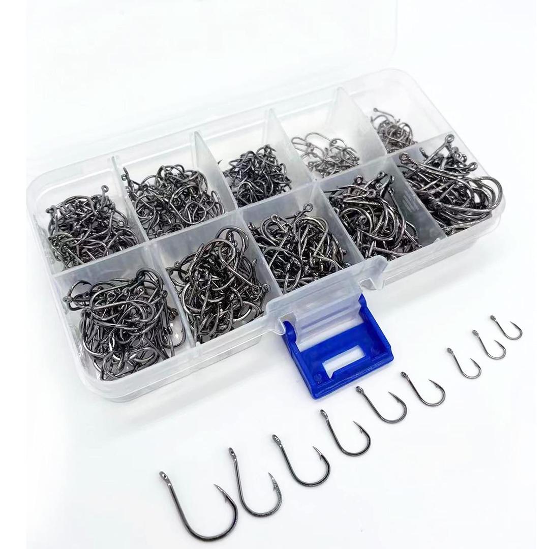 HuanShiJingXuan 600pcs Fishing Hooks Set High Carbon Steel Jig, Fishing Hooks Set with Plastic Box Strong Sharp Fish Hook with Barbs for Freshwater/Seawater