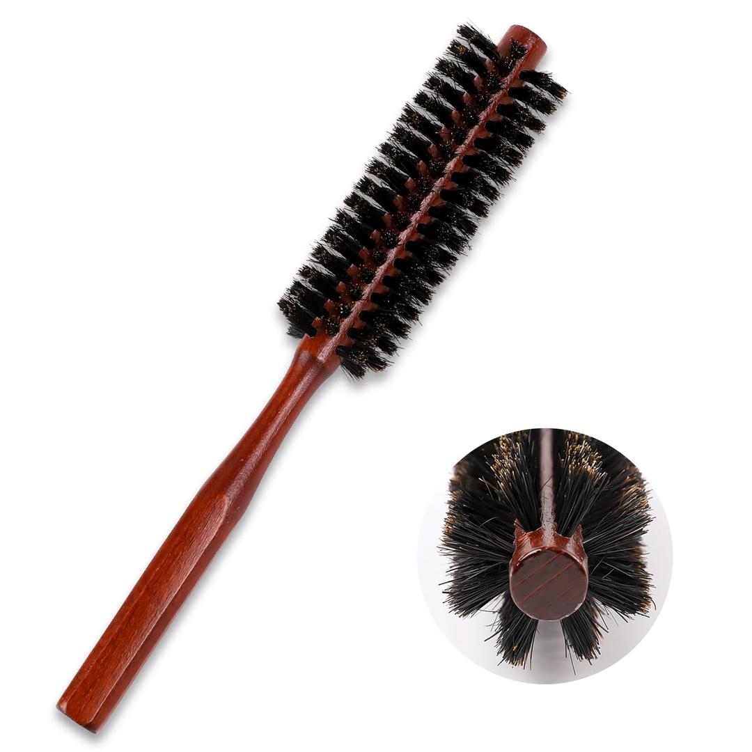 Small Boar Bristle Hair Brush, Portable Round Natural Bristle Travel Brush with Wood Handle for Thin or Short Hair, Adding Volume, Mini Beard Brush for Men