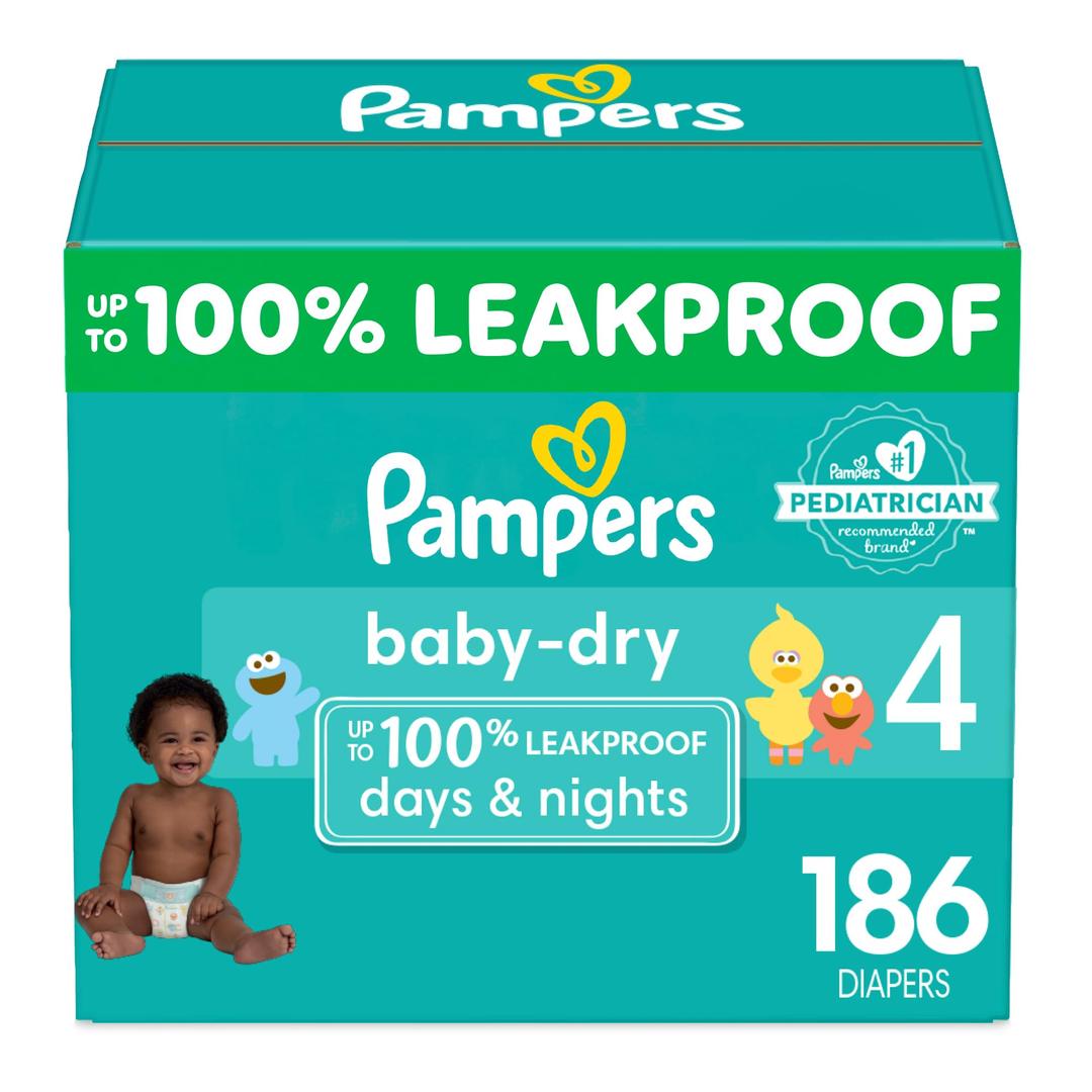 PampersBaby Dry Diapers - Size 4, One Month Supply (186 Count), Absorbent Disposable Diapers