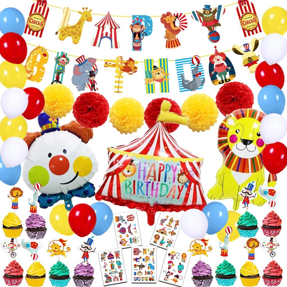 59Pcs Carnival Circus Party Decorations for Kids Circus Animals Party Supplies Carnival Circus Happy Birthday Banner Clown Circus Birthday Balloons Cupcake Toppers Circus Tattoos Party Decorations for Kids Boys Girls Baby Shower