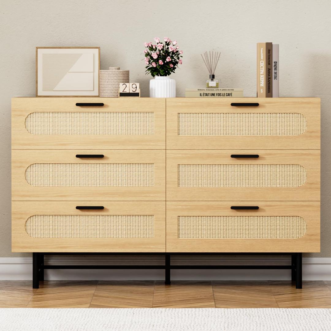 Natural Rattan Dresser for Bedroom with 6 Drawer, Wood Double Dressers & chests of Drawers with Black Handles, Modern Storage Durable Drawers for Bedroom, Closet