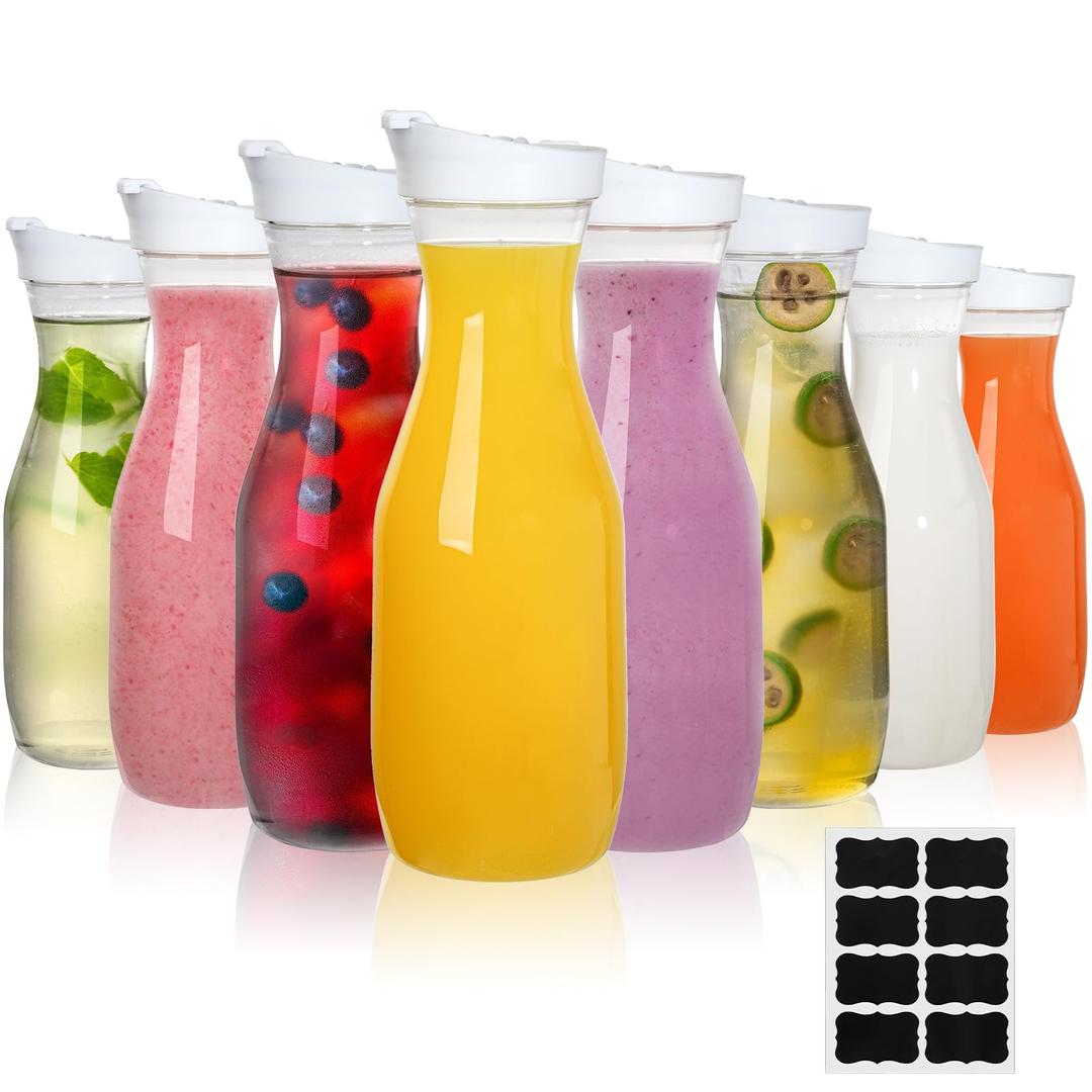 Lawei8 Pack 34 Oz Plastic Water Carafe, 1 Liter Clear Beverage Carafe with Flip Top Lid, Narrow Neck Drink Container Pitcher for Juice, Water, Ice Tea, Milk, Lemonade and Mimosa Bar