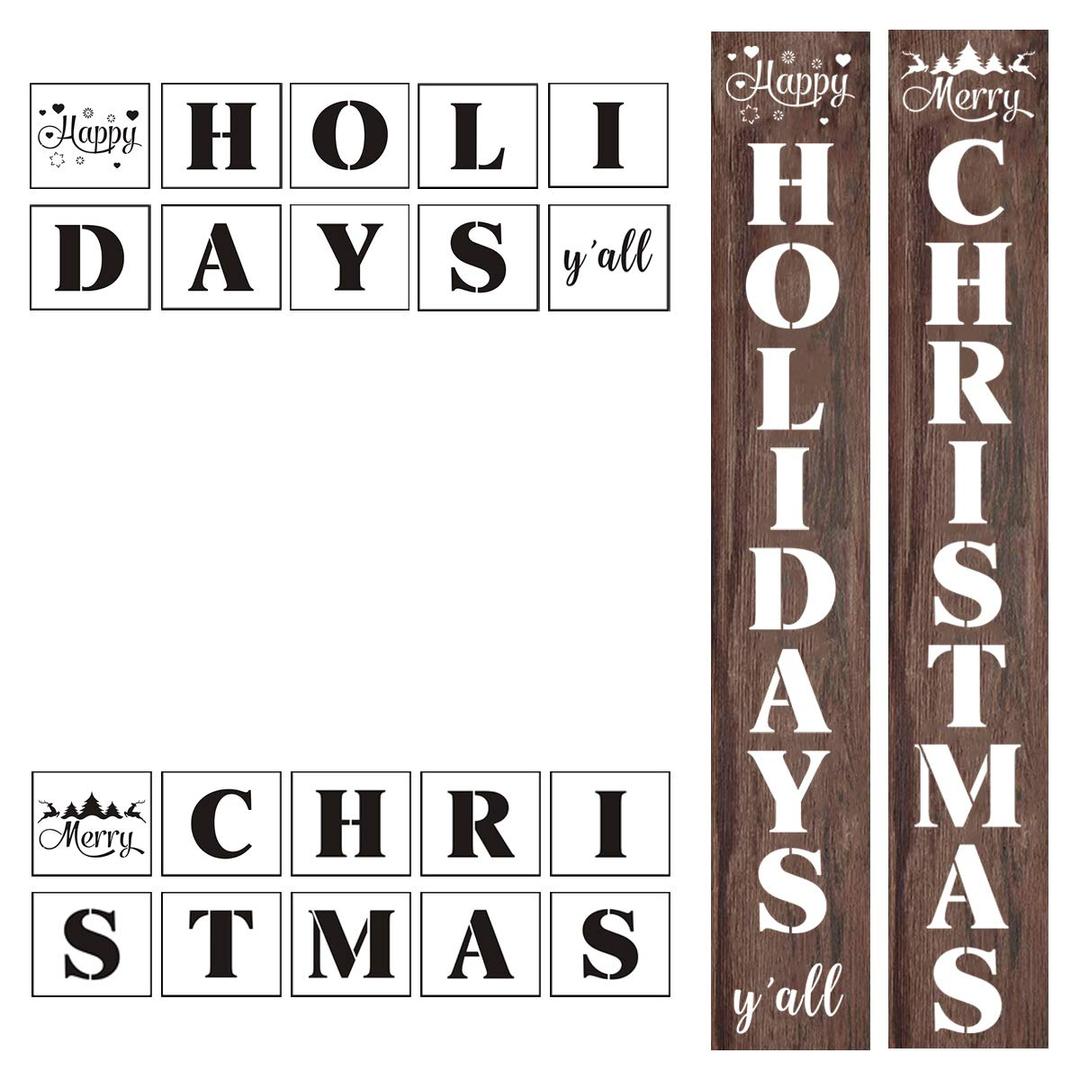 Merry Christmas and Happy Holidays Stencil - 20 Pack Large Vertical Merry Christmas and Happy Holidays Sign Stencils Templates for Painting on Wood, Reusable Letter Stencils for Front Door Porch Signs