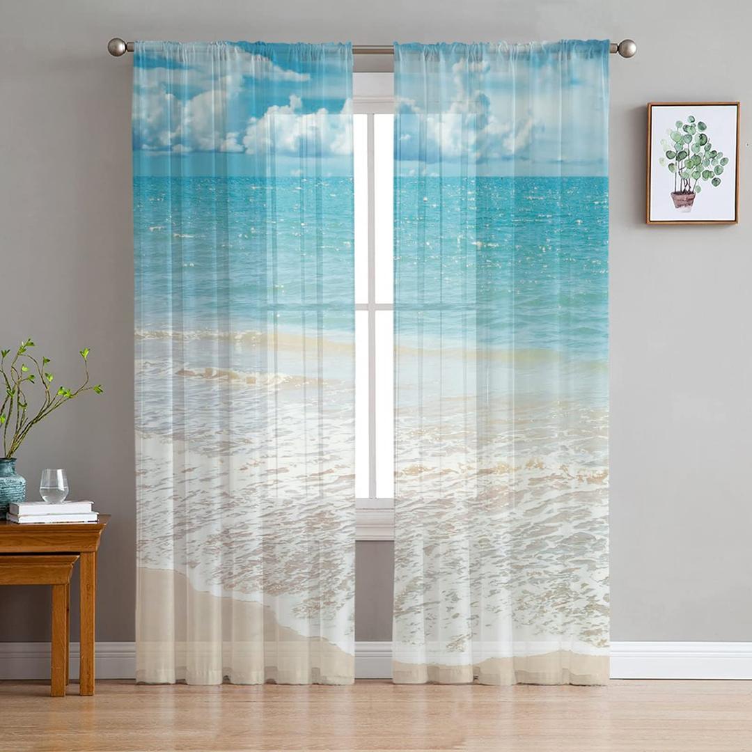 Ocean Beach Theme Sheer Curtains 63 Inch Length 2 Panels Set for Living Room/Bedroom, Tropical Sea Sky View Beach House Theme Semi Curtain Sheers Drapes Rod Pocket Curtains Window Treatment Set