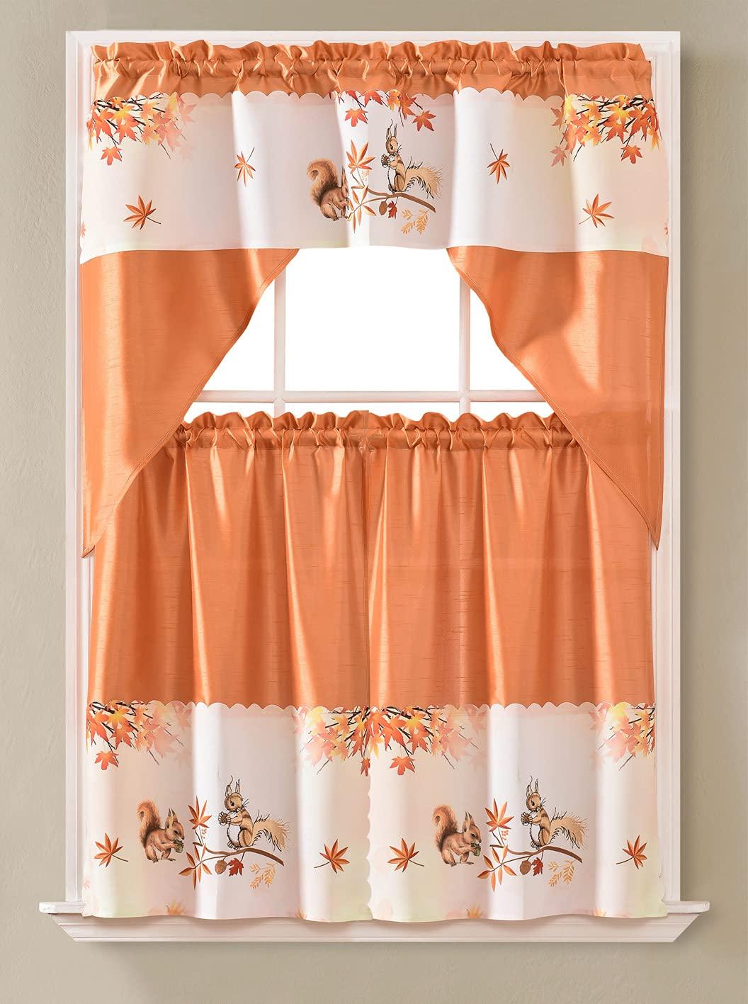 Beatrice Home 3pc Kitchen Curtain and Valance Set/1 Swag Valance and 2 Tiers,2 Tiers Width 30"x 36" Each and The Valance Length 60"x36" (Orange Squirrel, 1)