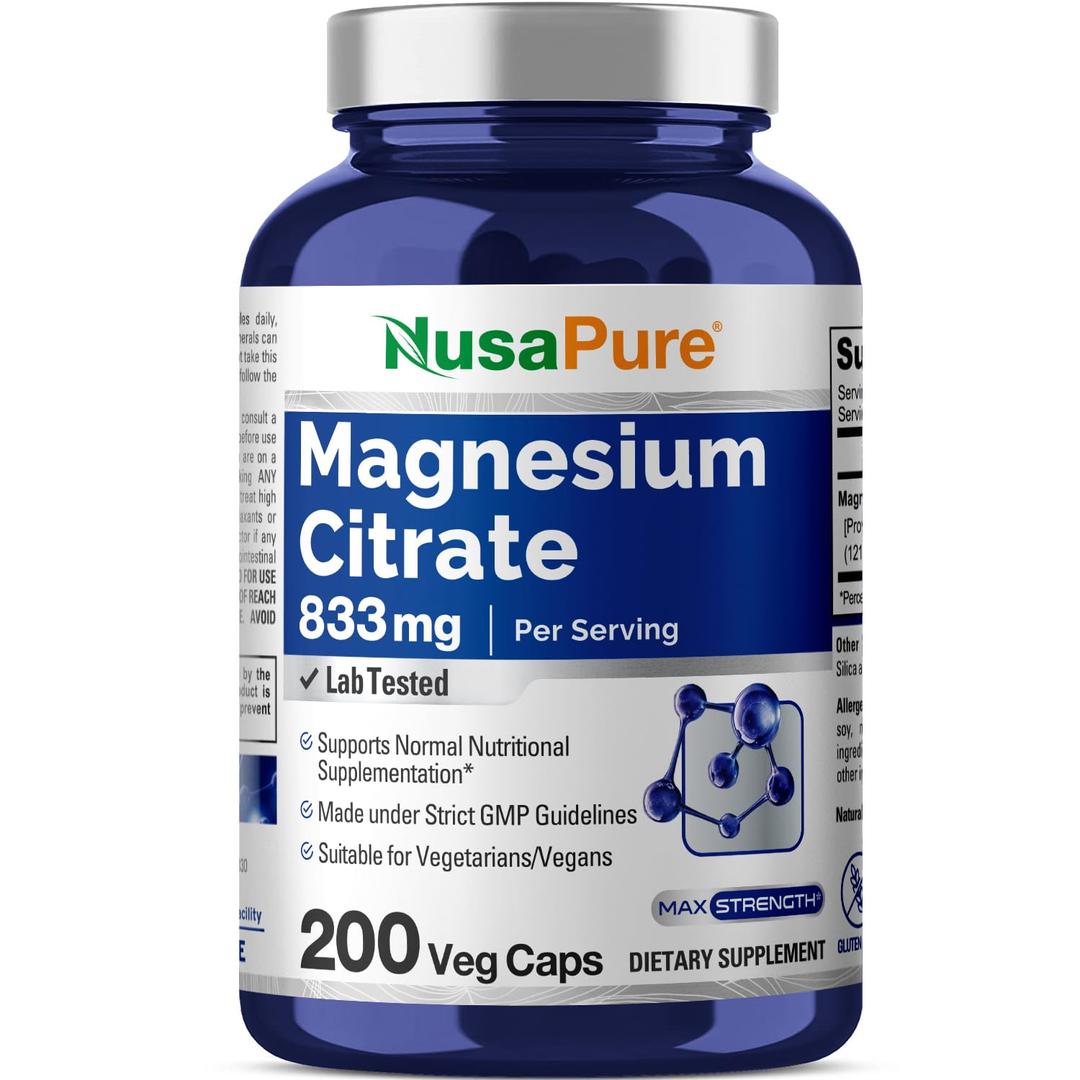 NusaPure Magnesium Citrate 833mg - 200 Veggie Capsules (Vegetarian, Non-GMO, Gluten Free)