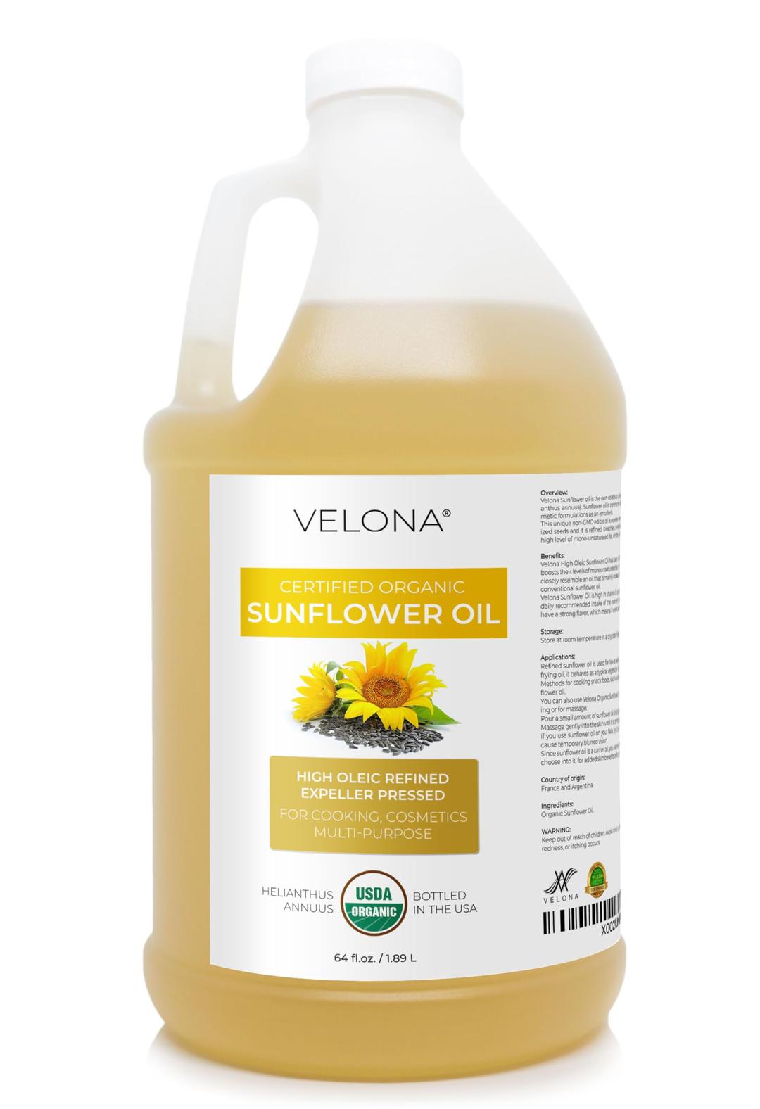 velona USDA Certified Organic Sunflower Oil - 64 Fl Oz | 100% Pure and Natural Carrier Oil | High Oleic, Refined, Cold Pressed | Cooking, Skin, Hair, Body & Face Moisturizing