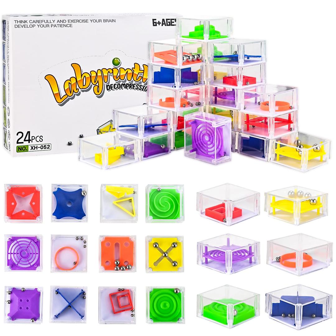 GOLDGE24 Pcs Balance IQ Maze Game Toy Set - Mini 3D Brain Maze Puzzle Cubes in a Box. Fun Party Favor Games and Ideal Prizes for Kids and Adults