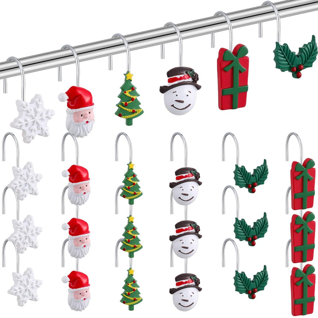 24 Pcs Christmas Shower Curtain Hooks Santa Snowflake Snowman Shower Curtain Rings Bathroom Hooks Resin Curtain Rings for Bathroom Bedroom Decor, 6 Styles