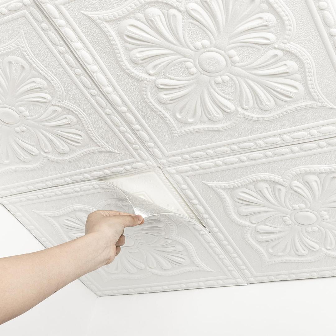 Ceiling Tiles, Ceiling Tiles Peel and Stick Foam, 32 Pcs, Covered 42 Sq.Ft, 3D Wall Panels Peel and Stick, Easy to Install and Cut for Ceiling and Interior Wall Decor, Plain White（13.8 x 13.8 inch）