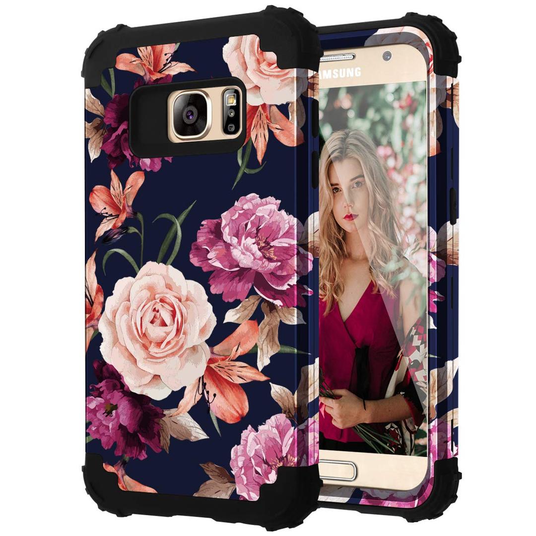 for Samsung S7 Case,S7 Phone Case, Floral 3 in 1 Hard PC Soft Silicone Heavy Duty Hybrid Protection Shockproof Anti-Scratch Rugged Bumper Cover for Galaxy S7 Case,Navy Blue