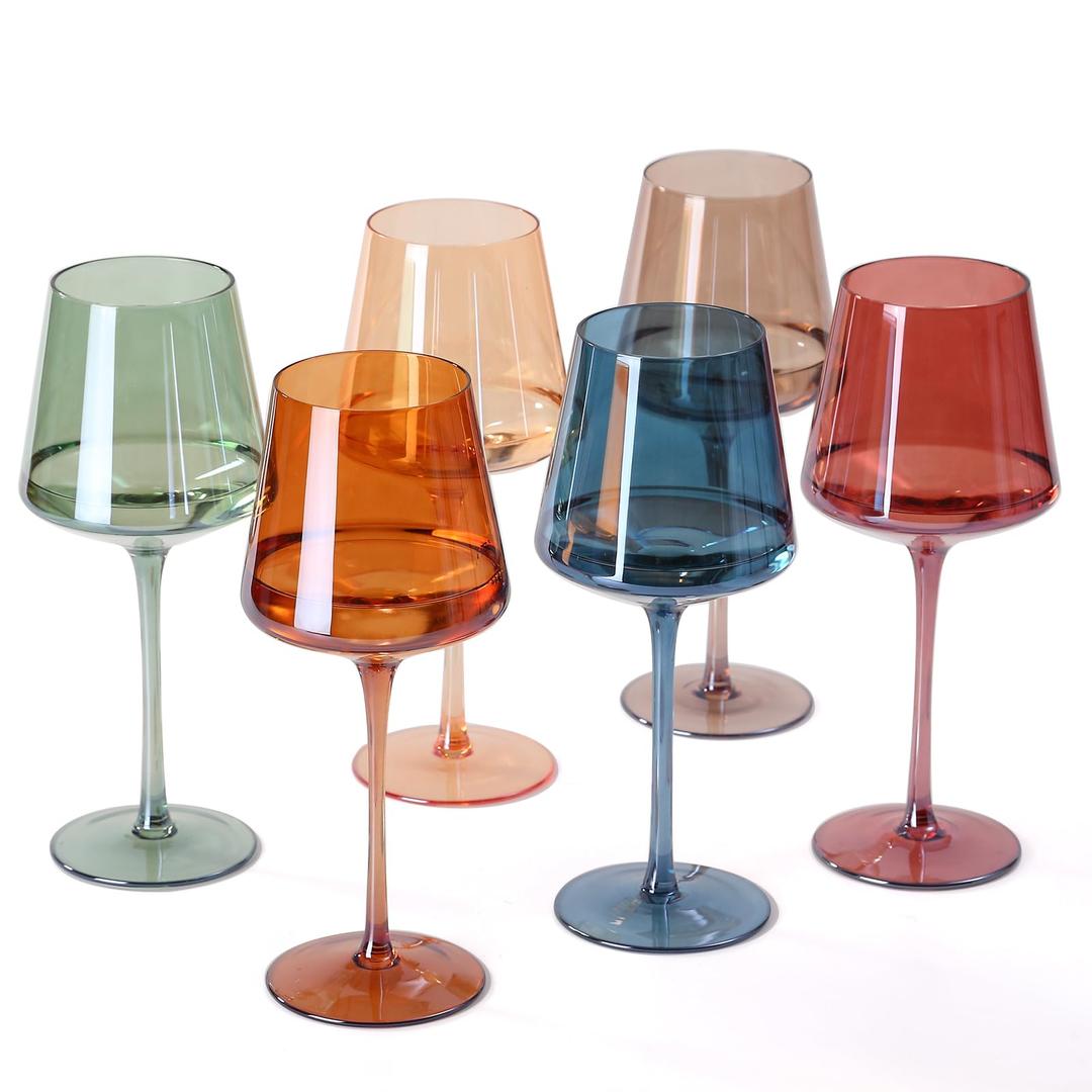 Colored Wine Glasses Set of 6-16oz Multi Colored Square Wine Glasses with Tall Long Stems and Flat Bottom,Crystal Colorful Wine Glasses-Unique Gifts for Wine Lovers,Wedding,Engagement Gifts