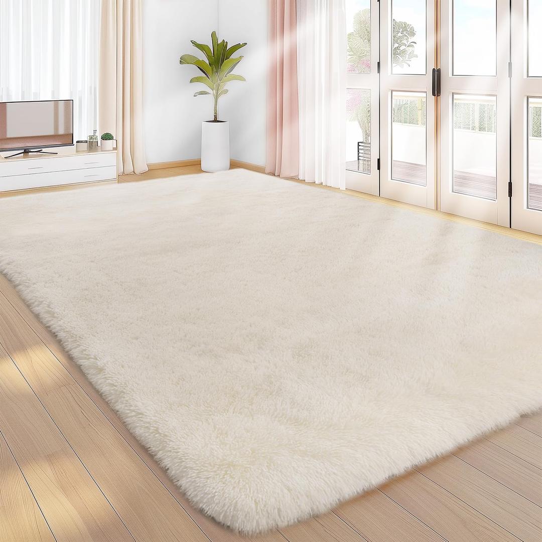 Area Rugs 9x12 Living Room, Cream Large Area Rug Shag Shaggy Carpet Soft Plush Furry Bedside Rug, Machine Washable Area Rugs for Bedroom Kids Girls Boys Home Decor Anti Slip