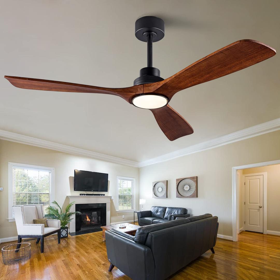 52" Wood Ceiling Fan with Lights Remote Control,Quiet DC Motor 3 Blade Ceiling Fans for Patio Living Room, Bedroom, Office,Indoor Outdoor(Black+Dark Walnut)