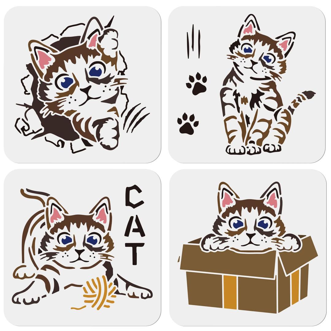 MAYJOYDIY 4PCS Cat Stencils for Painting Cat Drawing Painting Stencils Cute Soft Washable PET Material 8×8inch on Wood Wall Home Decor DIY T-Shirt