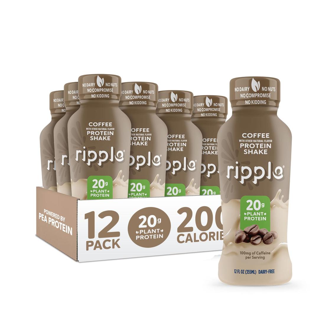 Ripple Vegan Protein Shake | Coffee | 20g Nutritious Plant Based Pea Protein | Shelf Stable | No GMOs, Soy, Nut, Gluten, Lactose (12 Fl Oz (Pack of 12), Coffee)