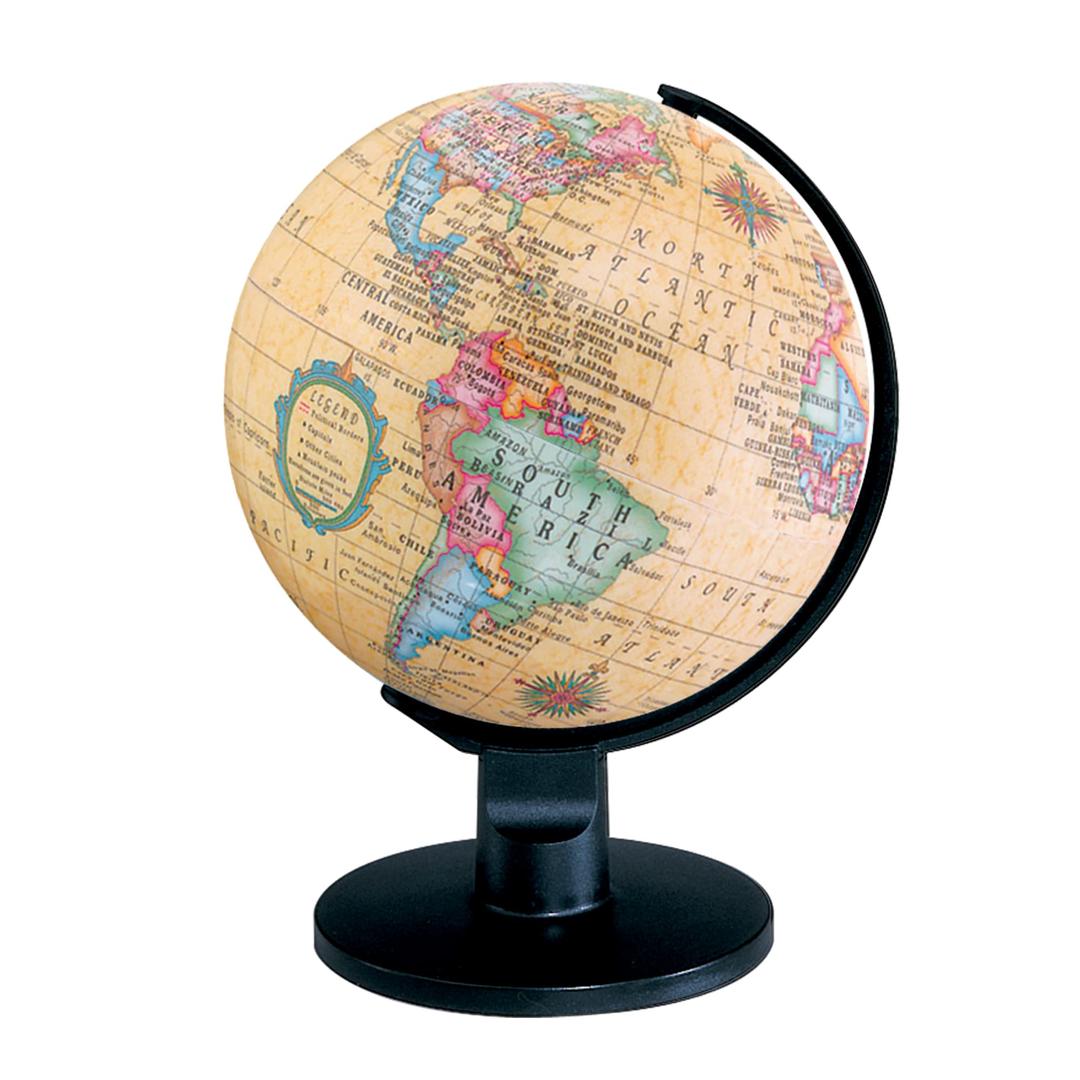 Trekker 6" Diameter Up to Date Cartography, with , Antique Globe Ball and Sturdy Plastic Base. This rotating desktop globe encompasses all the countries and geographic landmasses of the world. It is 6" wide with a plastic base and a smooth spinning action. A perfect desktop accessory for a worldly executive, a gift for a curious geography loving child, or an accouterment to any household setting.