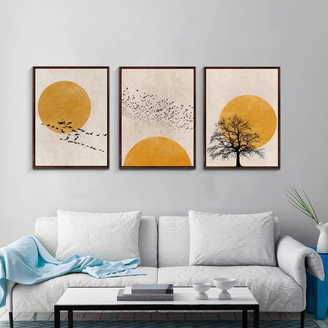 Canvas Wall Art, Set of 3 Framed Abstract Prints, Sun Silhouette Paintings Artwork, 12x16inch Minimalist Wall Decor, Modern Aesthetic Decor Posters, For Bathroom Living Room Bedroom Office Kitchen