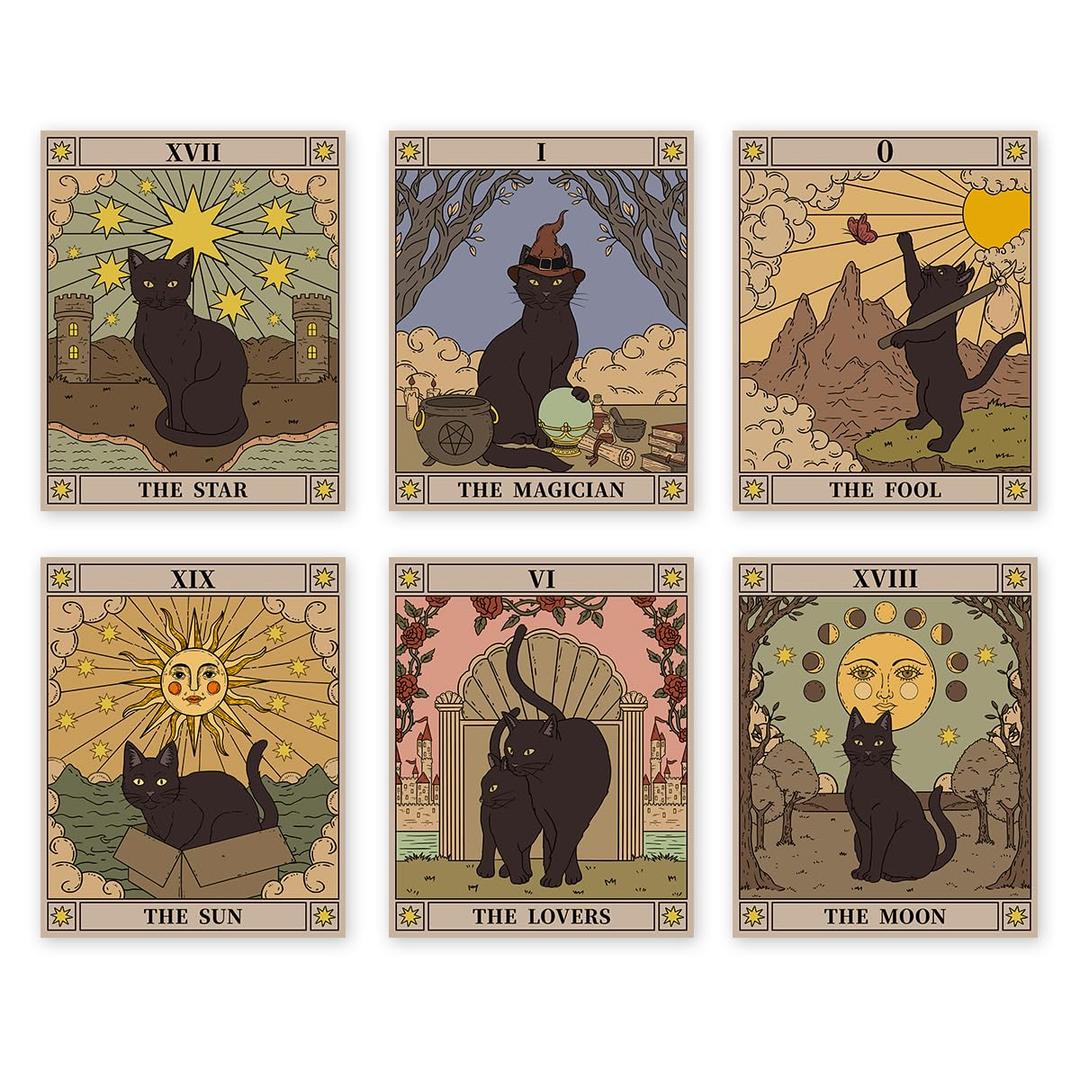 XUOIAYNB Black Cat Tarot Art Prints- Retro The Sun Moon Star Lovers Fool Magician Cat Canvas Wall Art (8"x10"x6pcs, Unframed)- Astrology Tarot Themed Artworkt for Girls Bedroom Decor