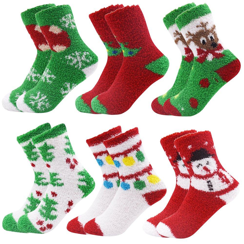 October Elf6 Pairs Adult Christmas Holiday Socks Warm Winter Cozy Socks Fuzzy Socks With Plus Size And Anti-Slip Bottom