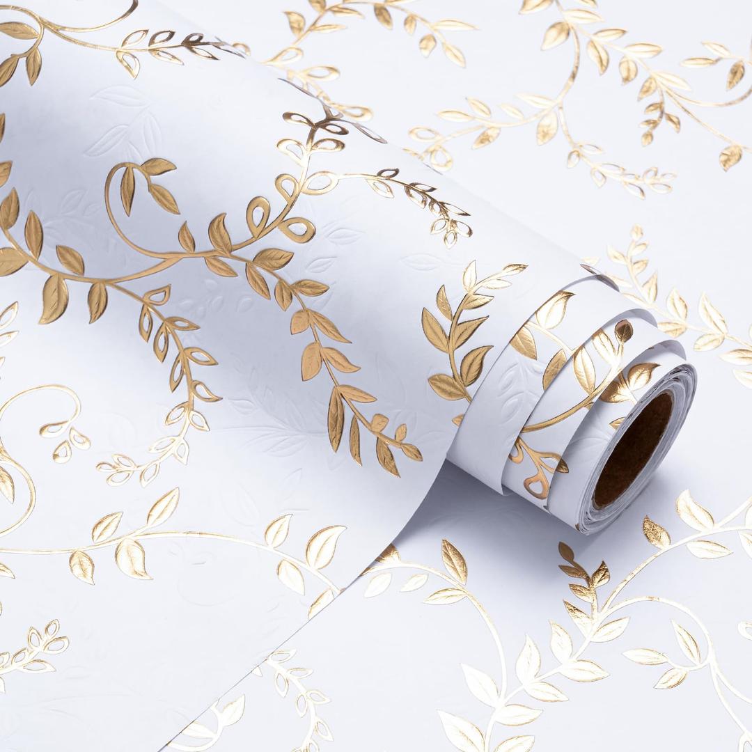 WRAPAHOLIC 3D Kraft Wrapping Paper Roll - Mini Roll - 17 Inch x 16.5 Feet - Gold and White Leaves Design with Embossed Perfect for Birthday, Holiday, Wedding, Baby Shower