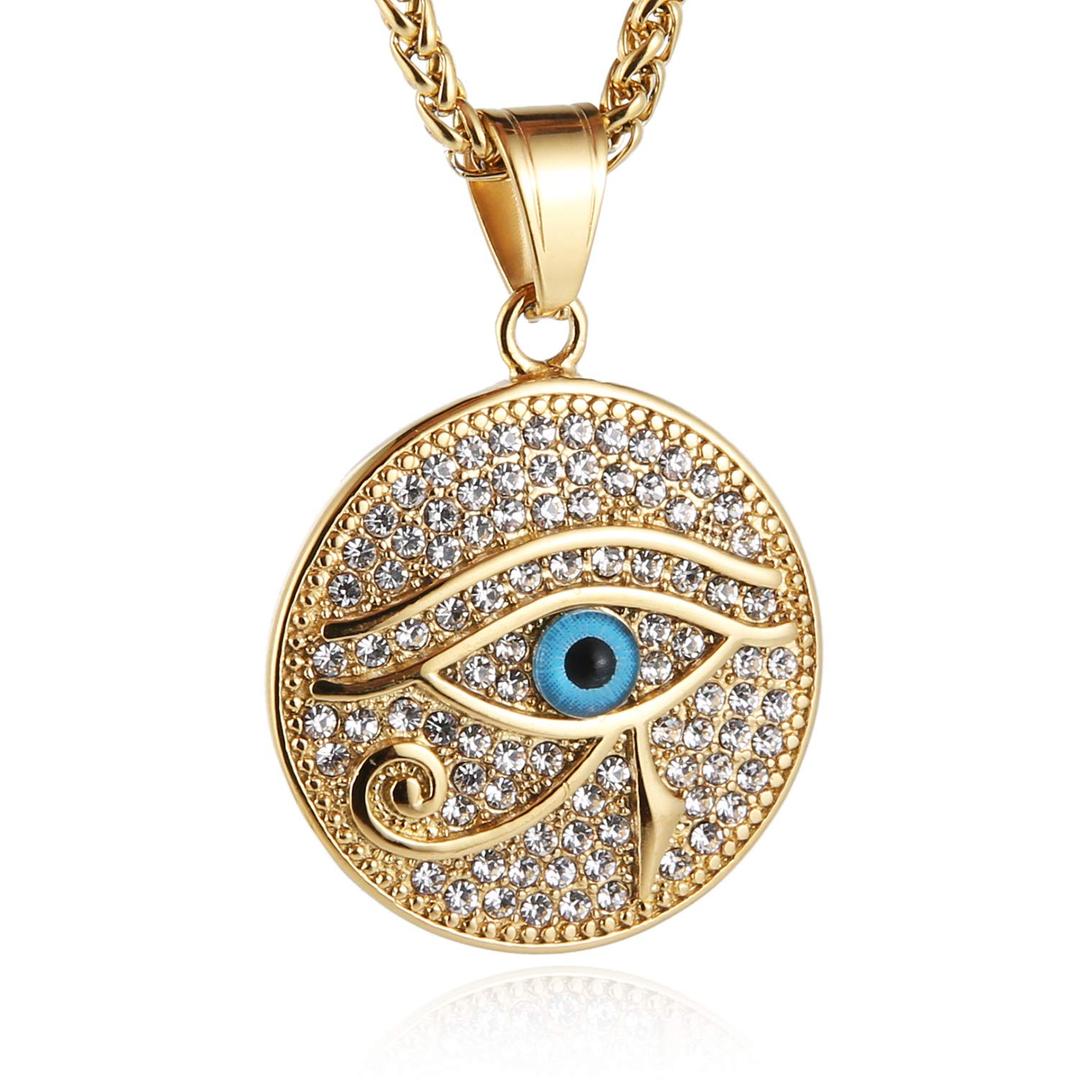 HZMAN18k Gold Plated Eye of Horus Necklace Eye of Ra Egypt Protection Dog Tag Pendant Stainless Steel Necklace Jewelry Gift