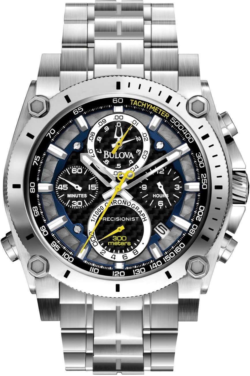 Bulova Men's Precisionist in Stainless Steel with 8-Hand Chronograph Watch, Blue and Yellow Accents, Black Dial Style: 96B175