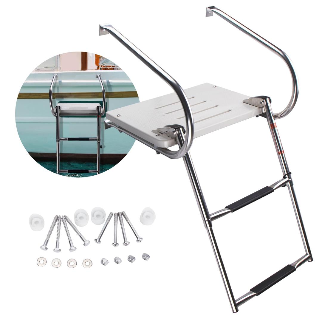 2-Step Boat Ladder with Swim Platform,316 Stainless Steel Dock Ladder with ABS Swim Platform 2 Handrails,500LBS Telescopic Boarding Ladder Dive Ladder for Pontoon Yacht