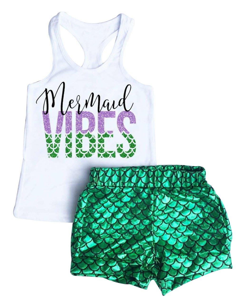 UNIQUEONE2Pcs Baby Girls Summer Mermaid Vibes Letter Printed Vest Tops Short Pant Sets