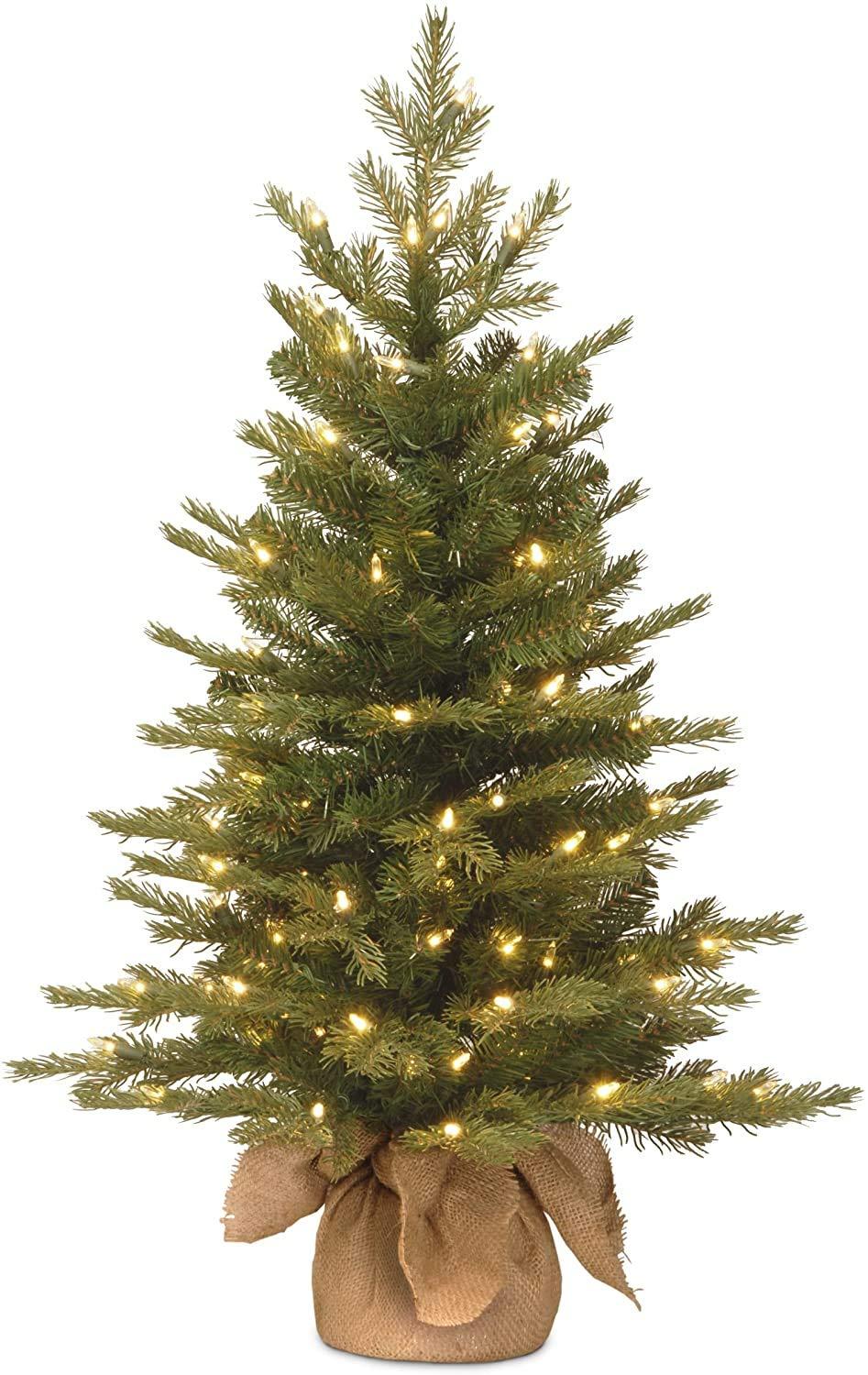 National Tree Company Pre-Lit 'Feel Real' Artificial Mini Christmas Tree, Green, Nordic Spruce, White Lights, Includes Burlap Bag Base, 3 Feet