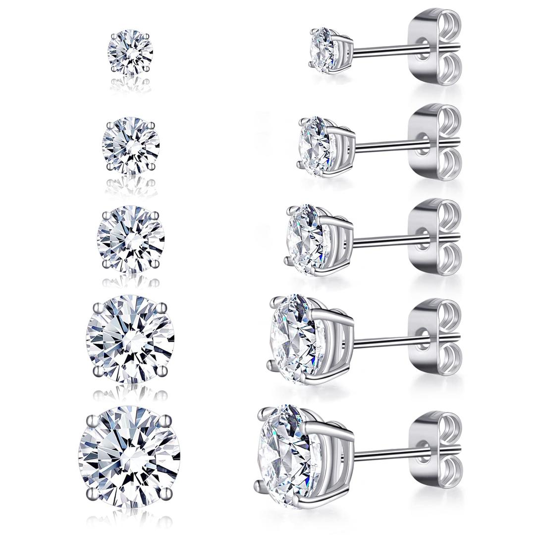 Gemsme18K White Gold Plated Stud Earrings 4 Prong Round Cut Brilliant 3-7mm Cubic Zirconia Earring Studs (5 Pairs)