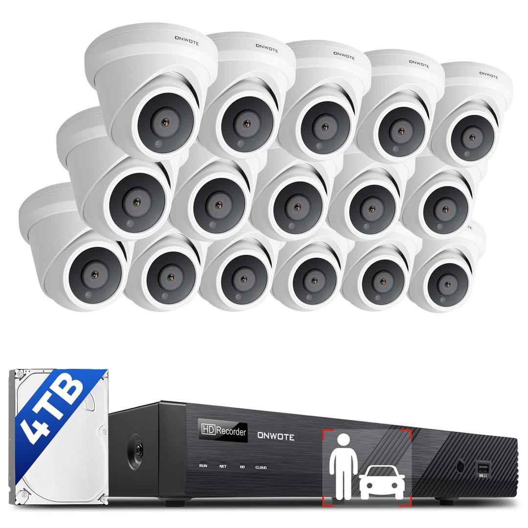 ONWOTE 16 Channel 4K PoE Security Camera System, AI Human Vehicle Detection, 128° Wide View Angle, (16) Outdoor Commercial 8MP IP Cameras with Audio, 16CH 4K NVR 4TB, CCTV Surveillance for Businesses