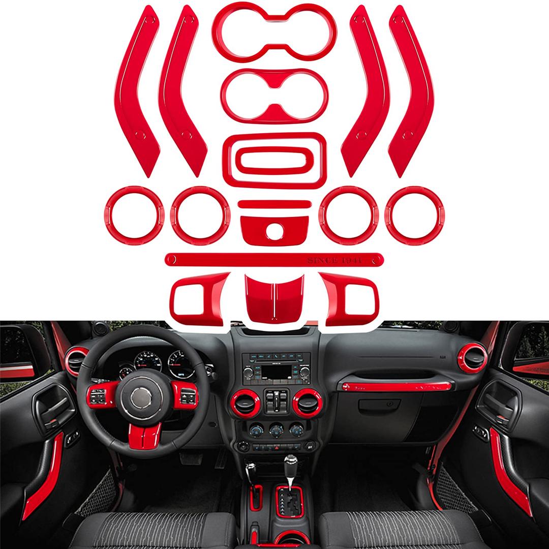 E-cowlboy 18 PCS Full Set Interior Decoration Trim Kit Steering Wheel Center Console Door Handle Air Conditioning Vent Cup Holder Gear Cover Trim for Jeep Wrangler JK JKU 2011-2018 4-Door (Red)