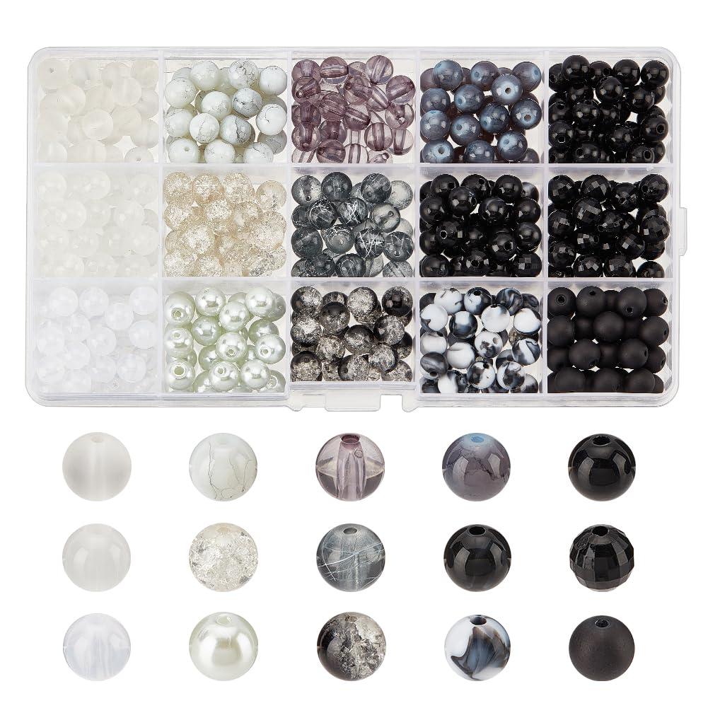 PH PandaHall 450pcs 8mm Marble Glass Beads 15 Colors Black White Bracelet Beads Opaque Acrylic Beads Loose Beads Spacers for Easter Ramadan Earring Necklace Bracelet Jewelry Making