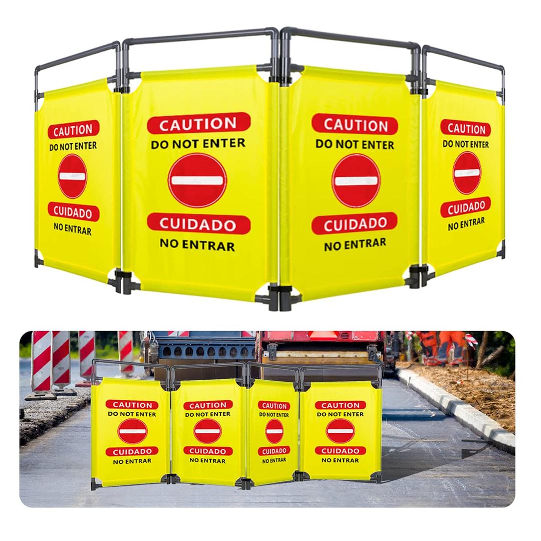 4 Panels Safety Barricade, 7.8FT Removable Foldable Security Gates Barrier with Heavy Duty PVC Frame, Bilingual Bold Font and Graphics Easier to Identify, Barricade for Indoor and Outdoor Use(Yellow)