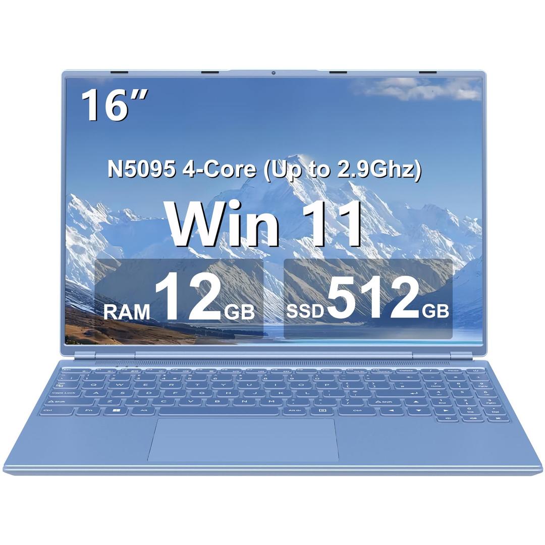 16" Laptop 12+512 GB Celeron N5095 (Up to 2.9Ghz) 4-Core Win 11 PC with Cooling Fan 1920 * 1200 2K Screen Dual WiFi Support 2.5" HDD 1 TB SSD Expand for Business Study-Blue