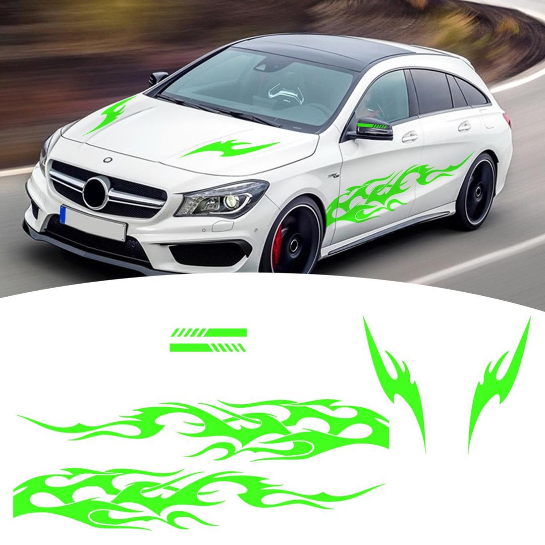 6 Pieces Flame Graphics Car Body Side Sticker Vinyl Auto Racing Sports Long Stripe and Roof Hood Decal for Auto Body Door Side DIY Modified Decals Decoration for All Cars (Green)