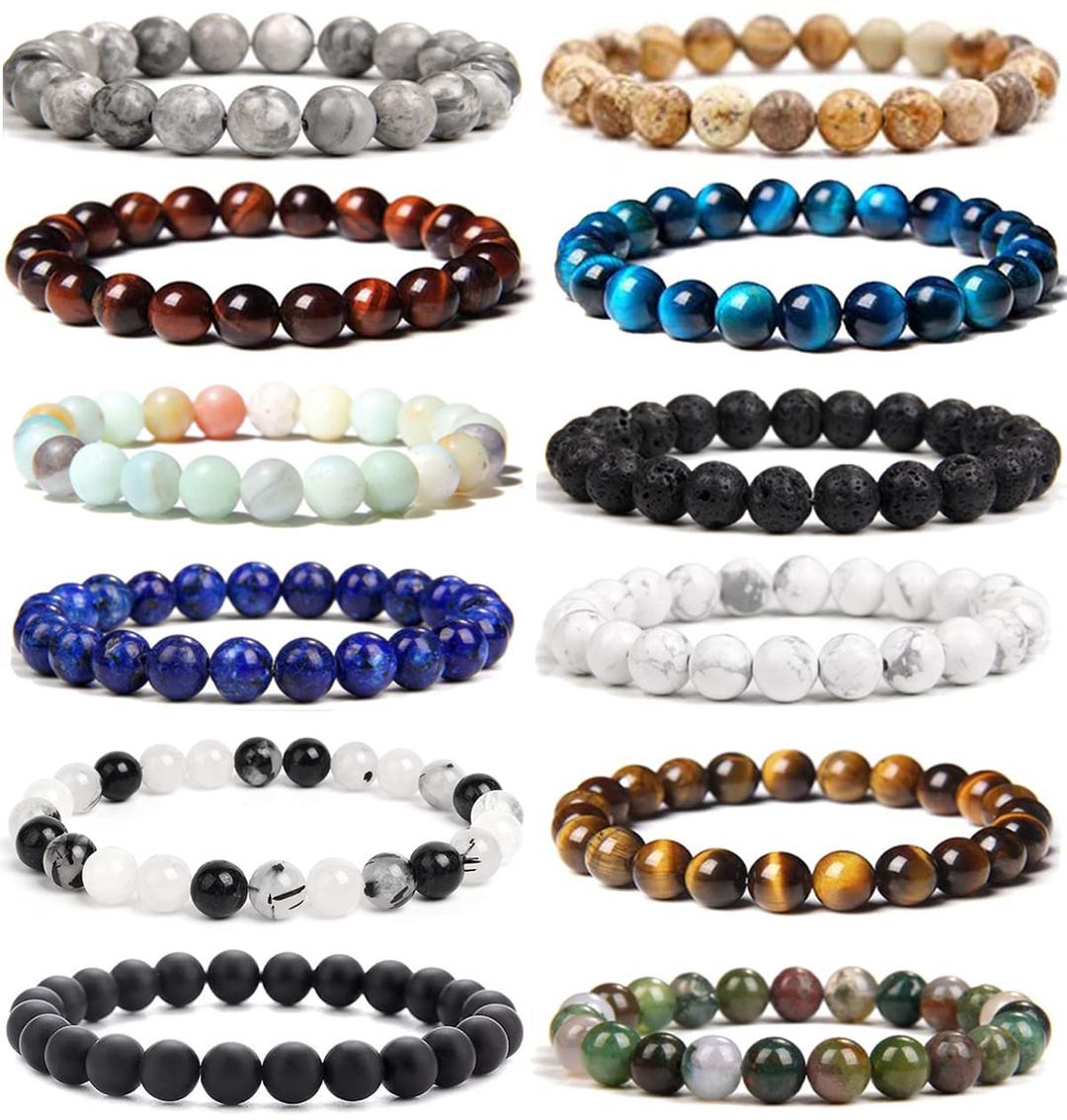 FINZOR12 Pcs 8mm Gemstones Beaded Bracelets for Men Women Semi-Precious Stone Stretch Round Bead Crystal Bracelets Unisex