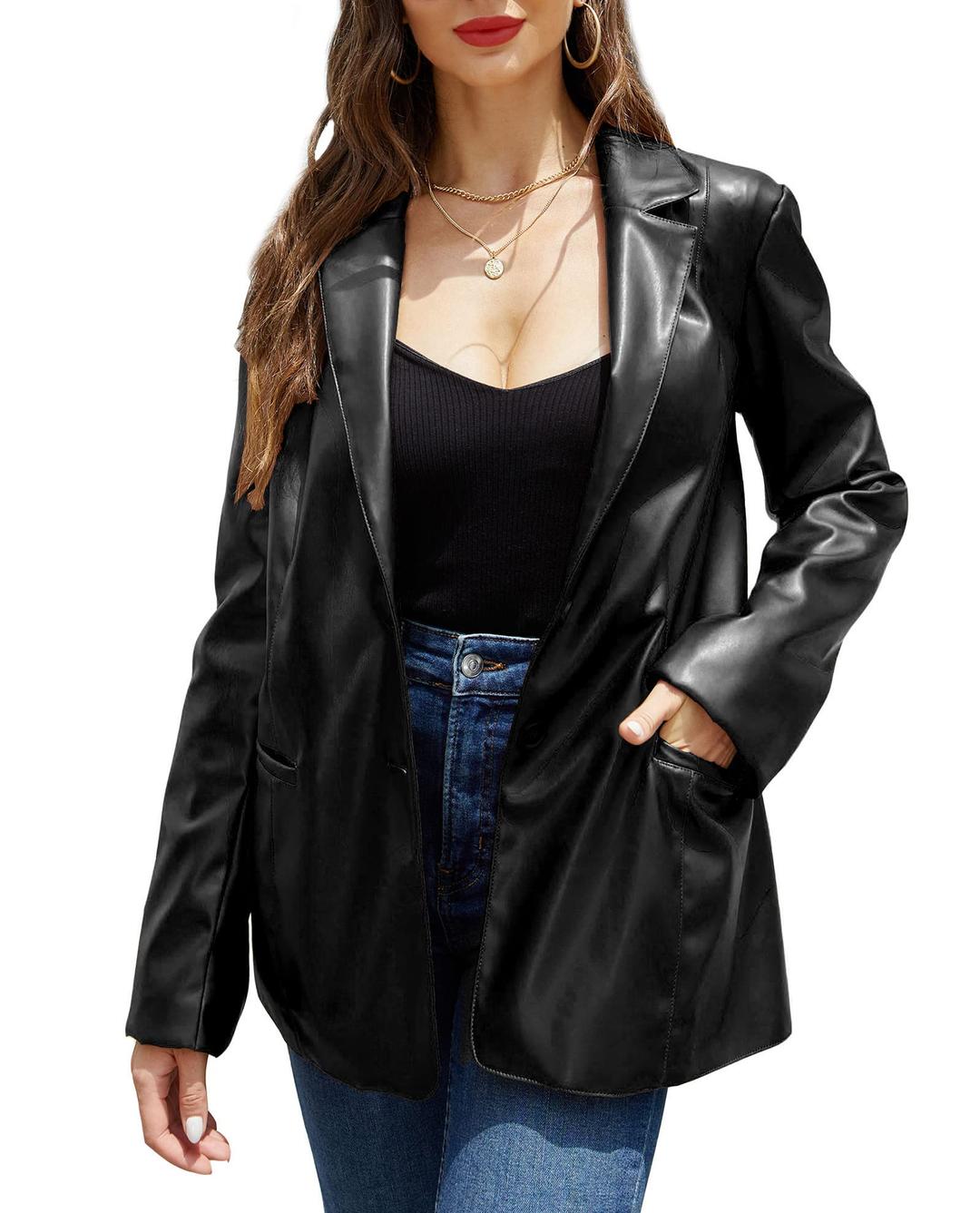 RISISSIDAWomen Faux Leather Blazer Jacket, Soft Casual Vegan Leather Coat