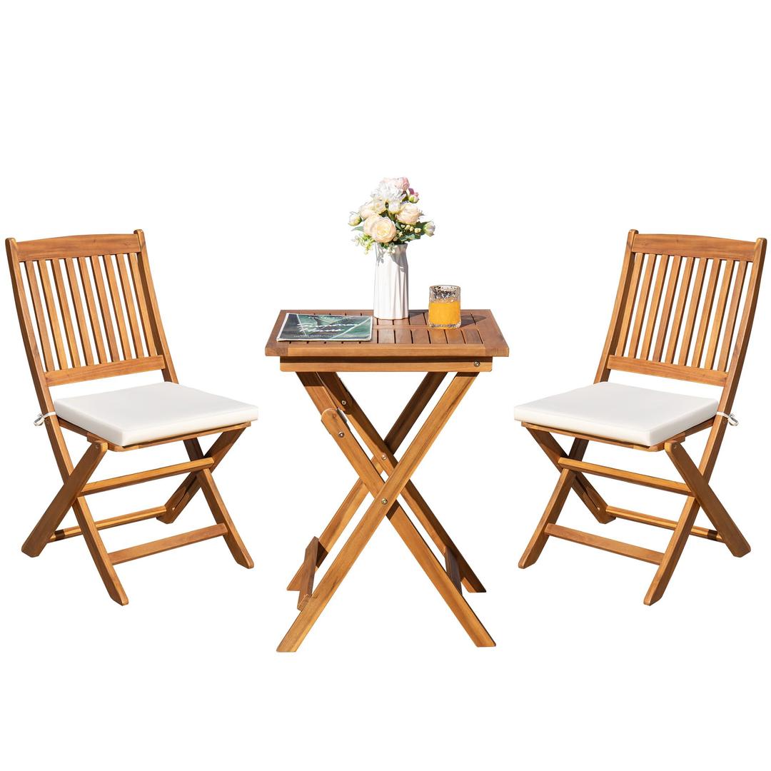 Greesum 3 Piece Patio Folding Furniture Bistro Set with 2 Chairs and Square Table for Pool Beach Backyard Balcony Porch Deck Garden, Acacia Wood