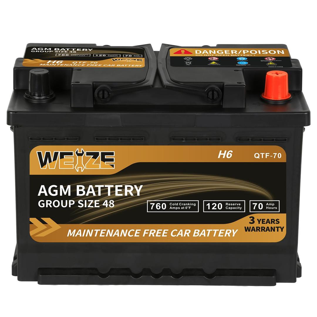 Weize Platinum AGM Battery BCI Group 48-12v 70ah H6 Size 48 Automotive Battery, 120RC, 760CCA, 36 Months Warranty