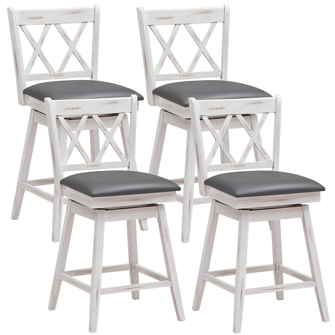 COSTWAYBar Stool Set of 4, 360 °Swivel Counter Height 25inch Bar Stool with Foot Rest Upholstered Cushion & Ergonomic Backrest, Sturdy Frame, for Pub, Restaurant, Home (4, Antique White + Grey)