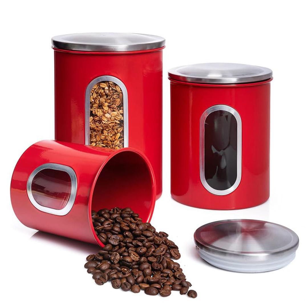 Mixpresso3 Piece Red Canisters Sets For The Kitchen, Kitchen Jars With See Through Window, Airtight Coffee Container Tea Organizer & Sugar Canister, Kitchen Canisters Set of 3 Red Kitchen Decor.