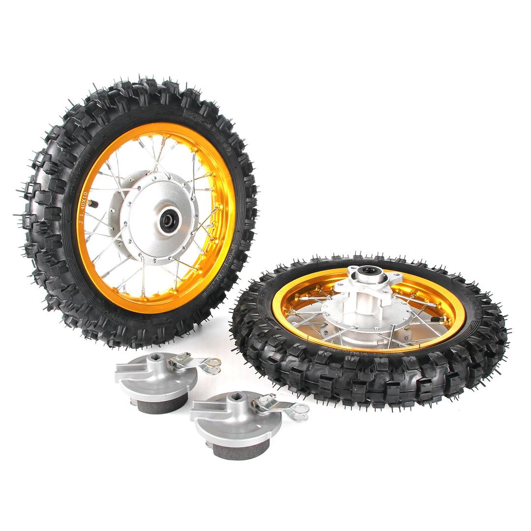 SUNQIAO CRF50 Wheels, 2.50-10 Tyres and Tube for CRF50 XR50 SSR 50cc 110cc 125cc Dirt Pit Bike 1.40-10 Alloy Aluminum Rim, 10" Drum Brake Shoe(Gold)