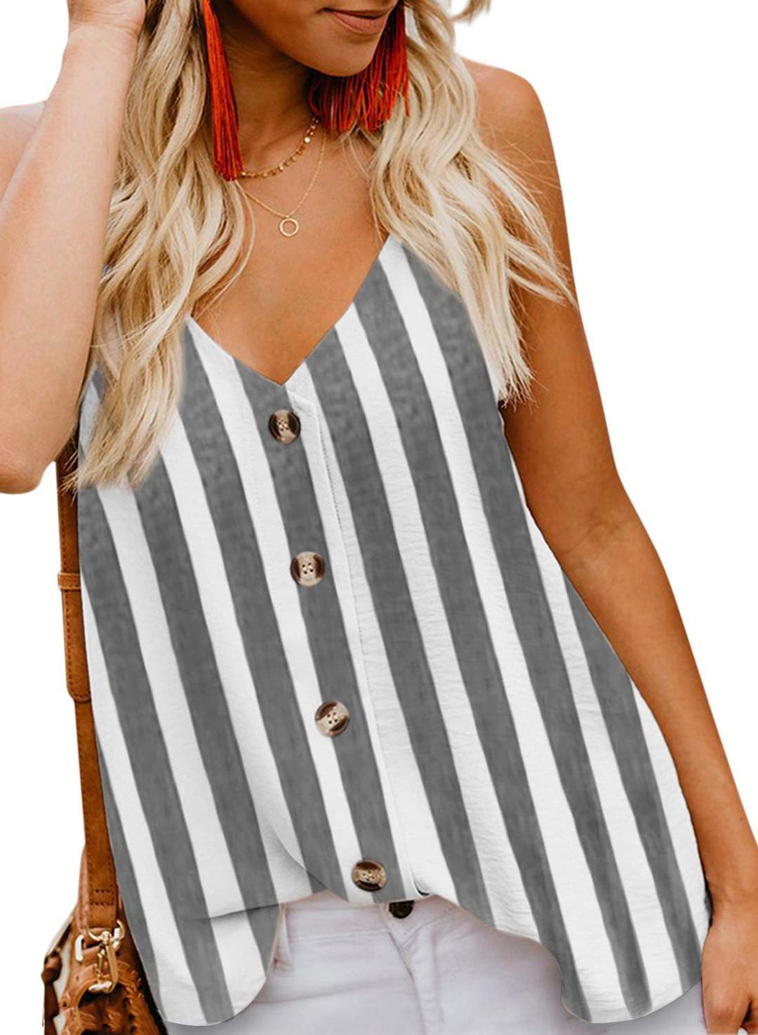 GOSOPIN Womens Summer Sleeveless Blouse Stripes Printed V Neck Cami Tank Vest Top