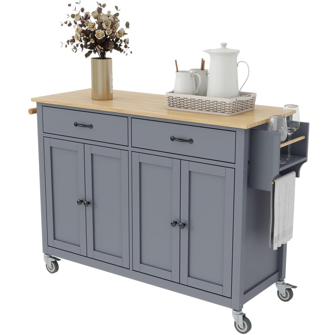 LUMISOL Large Kitchen Island Cart on Wheels with Solid Wood Top, Kitchen Island with 2 Drawers, Rolling Kitchen Cart with Storage Cabinets, Dusty Blue