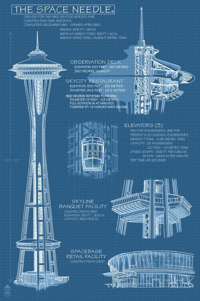 Seattle, Washington, Space Needle Technical Drawing (Blueprint) (9x12 Wall Art Poster, Digital Print Decoration)