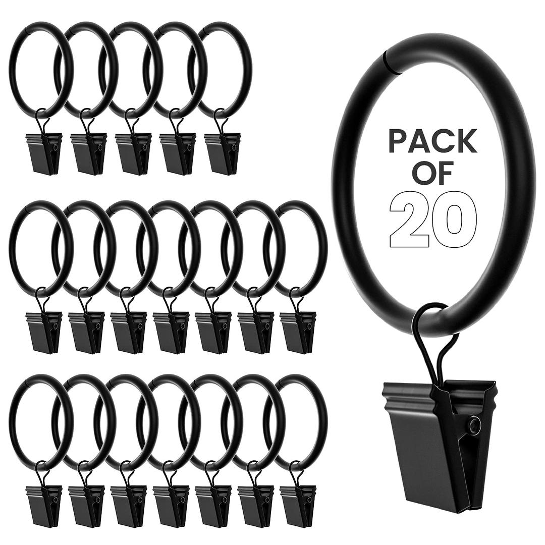 Black Curtain Rings with Clips 1.5 Inch Set of 20 Heavy Duty Curtain Hooks for Drapes, Caps, Pictures - fits on Rod Diameter Upto 1.25Inch/32mm… (Black, 1.5" Inch - 20 Pack)